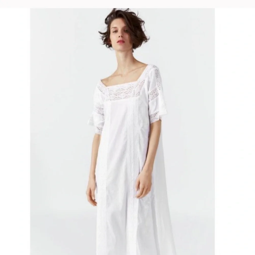 Zara White Embroidered Lace Trim Dress with Side Vents - Picture 5 of 15